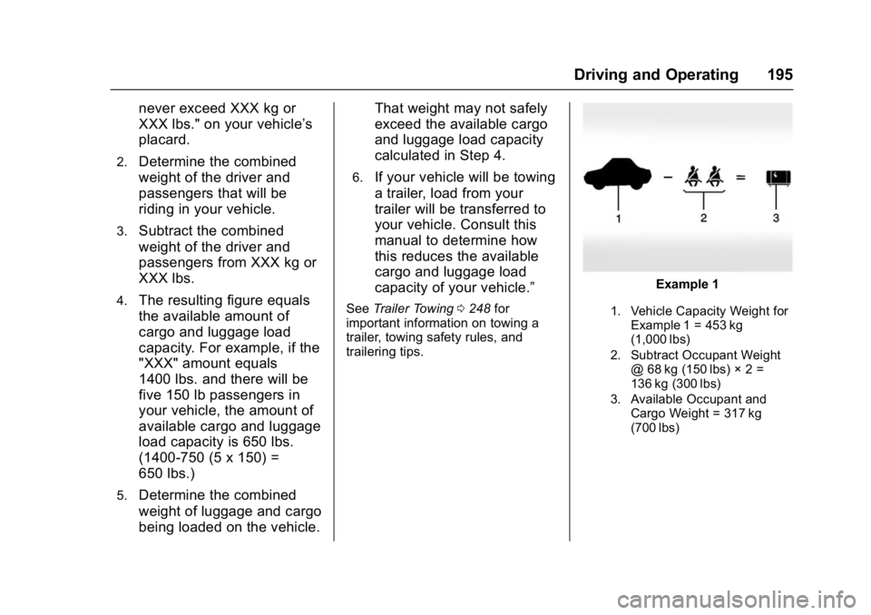 GMC YUKON DENALI 2016 Owners Manual GMC Yukon Denali/Yukon XL Denali Owner Manual (GMNA-Localizing-U.S./
Canada/Mexico-9159308) - 2016 - crc - 6/2/15
Driving and Operating 195
never exceed XXX kg or
XXX lbs." on your vehicle’s
pla GMC YUKON DENALI 2016 Owners Manual GMC Yukon Denali/Yukon XL Denali Owner Manual (GMNA-Localizing-U.S./
Canada/Mexico-9159308) - 2016 - crc - 6/2/15
Driving and Operating 195
never exceed XXX kg or
XXX lbs." on your vehicle’s
pla