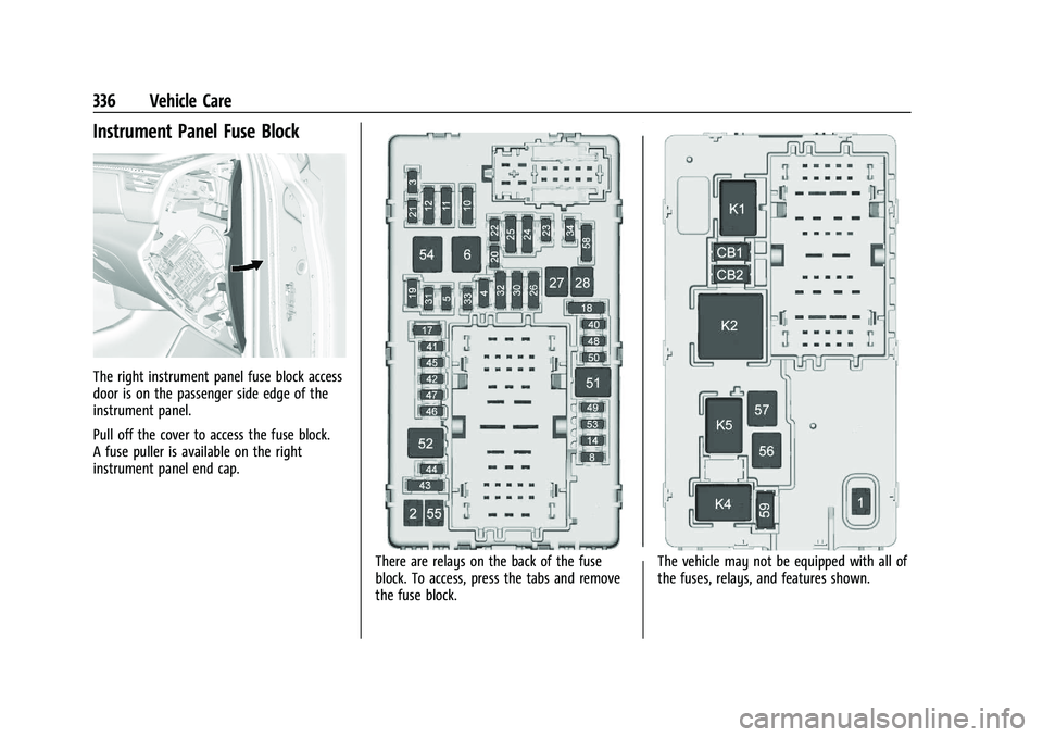 GMC YUKON DENALI 2023 Owners Manual GMC Yukon/Yukon XL/Denali Owner Manual (GMNA-Localizing-U.S./
Canada/Mexico-16417394) - 2023 - CRC - 4/26/22
336 Vehicle Care
Instrument Panel Fuse Block
The right instrument panel fuse block access
d GMC YUKON DENALI 2023 Owners Manual GMC Yukon/Yukon XL/Denali Owner Manual (GMNA-Localizing-U.S./
Canada/Mexico-16417394) - 2023 - CRC - 4/26/22
336 Vehicle Care
Instrument Panel Fuse Block
The right instrument panel fuse block access
d
