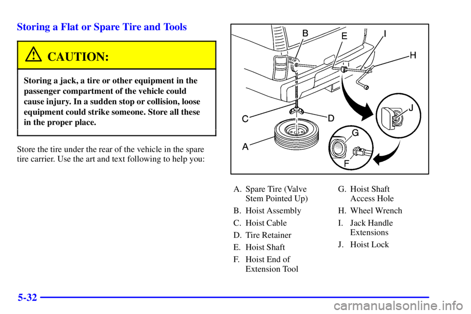 GMC YUKON XL 2002 Owners Manual 5-32Storing a Flat or Spare Tire and Tools
CAUTION:Storing a jack, a tire or other equipment in the
passenger compartment of the vehicle could
cause injury. In a sudden stop or collision, loose
equipm GMC YUKON XL 2002 Owners Manual 5-32Storing a Flat or Spare Tire and Tools
CAUTION:Storing a jack, a tire or other equipment in the
passenger compartment of the vehicle could
cause injury. In a sudden stop or collision, loose
equipm