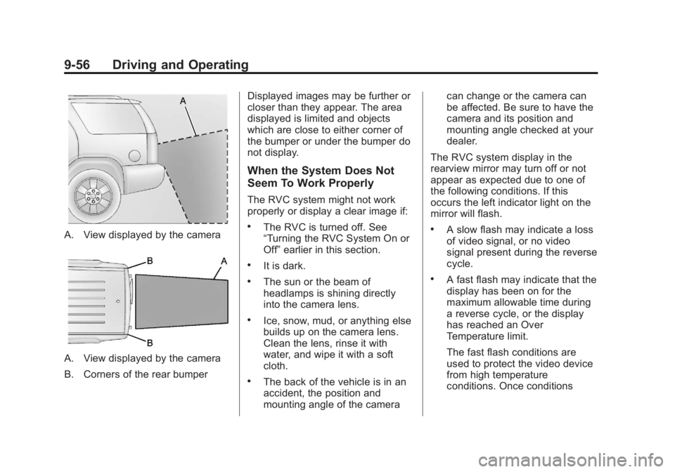 GMC YUKON XL 2013  Owners Manual Black plate (56,1)GMC Yukon/Yukon XL Owner Manual - 2013 - CRC 2nd edition - 8/15/12
9-56 Driving and Operating
A. View displayed by the camera
A. View displayed by the camera
B. Corners of the rear b