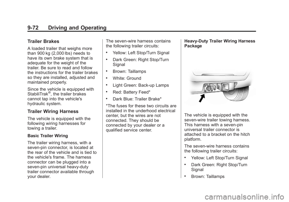 GMC YUKON XL 2013  Owners Manual Black plate (72,1)GMC Yukon/Yukon XL Owner Manual - 2013 - CRC 2nd edition - 8/15/12
9-72 Driving and Operating
Trailer Brakes
A loaded trailer that weighs more
than 900 kg (2,000 lbs) needs to
have i
