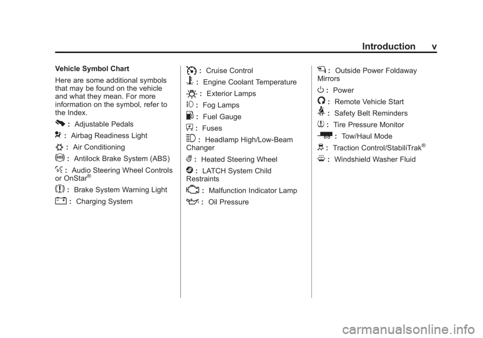 GMC YUKON XL 2013 Owners Manual Black plate (5,1)GMC Yukon/Yukon XL Owner Manual - 2013 - CRC 2nd edition - 8/15/12
Introduction v
Vehicle Symbol Chart
Here are some additional symbols
that may be found on the vehicle
and what they GMC YUKON XL 2013 Owners Manual Black plate (5,1)GMC Yukon/Yukon XL Owner Manual - 2013 - CRC 2nd edition - 8/15/12
Introduction v
Vehicle Symbol Chart
Here are some additional symbols
that may be found on the vehicle
and what they