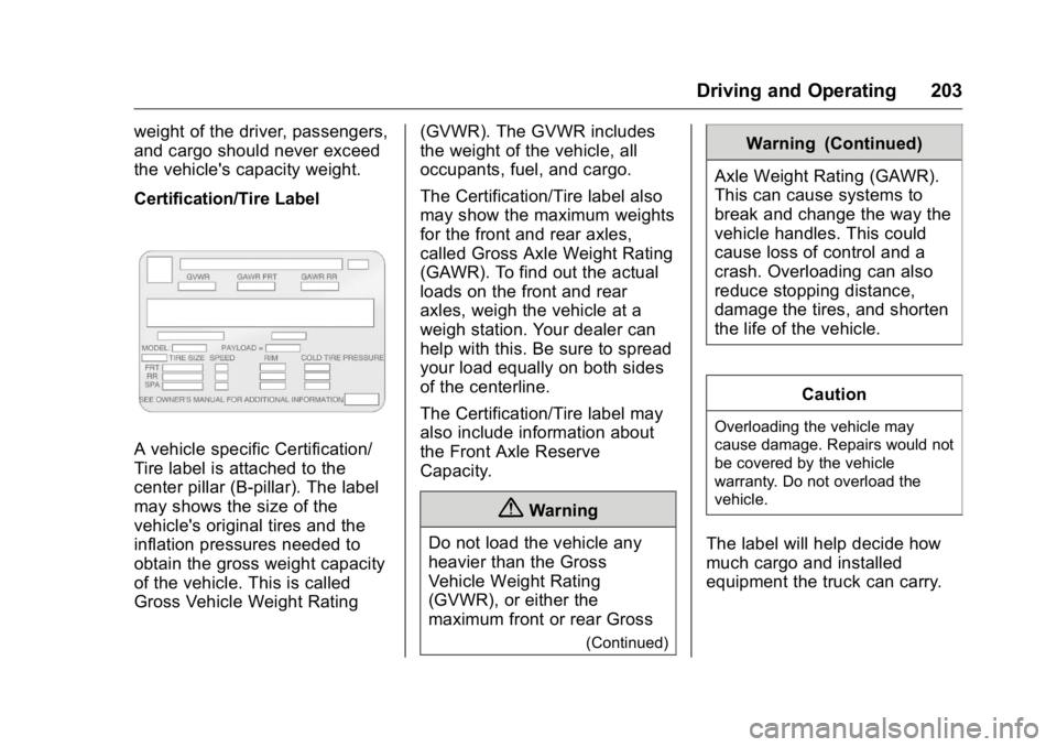 GMC YUKON XL 2018  Owners Manual GMC Yukon/Yukon XL/Denali Owner Manual (GMNA-Localizing-U.S./
Canada/Mexico-11349262) - 2018 - crc - 6/21/17
Driving and Operating 203weight of the driver, passengers,
and cargo should never exceed
th