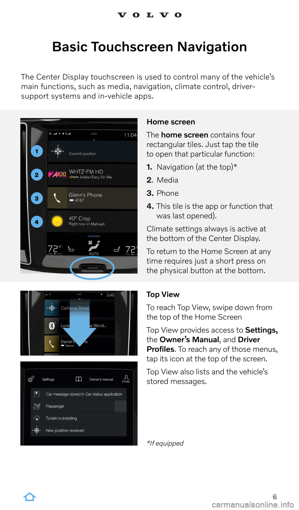 VOLVO V60 RECHARGE 2022  Sensus Digital Guide 6
Basic Touchscreen Navigation
The Center Display touchscreen is used to control many of the vehicle’s 
main functions, such as media, navigation, climate control, driver-
support systems and in-veh