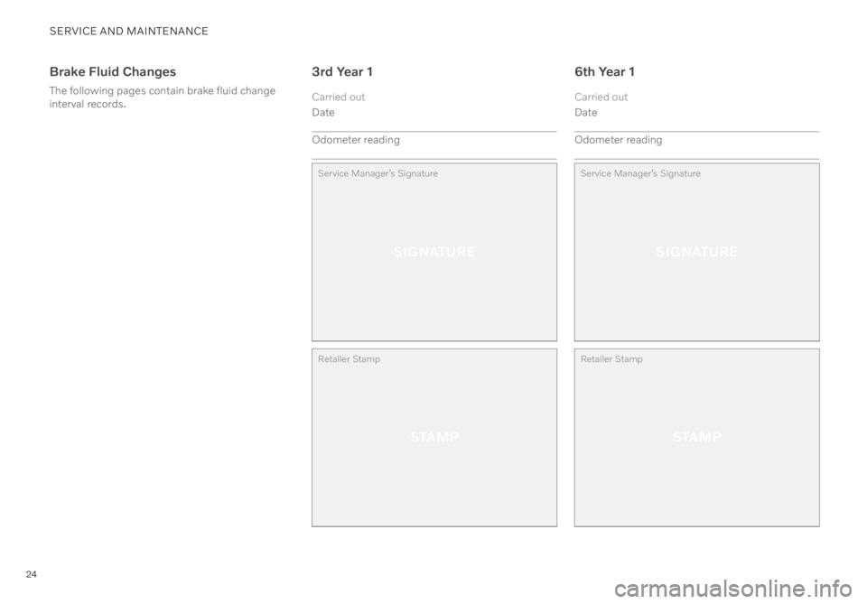 VOLVO V60 RECHARGE 2021  Warranty and Maintenance Records Information 24
SERVICE AND MAINTENANCE
Brake Fluid Changes
The following pages contain brake fluid change 
interval records.
3rd Year 1
Carried out
Date
Odometer reading
Service Manager’s Signature
SIGNATURE
Re