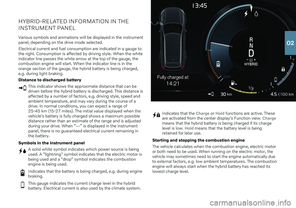 VOLVO S90 RECHARGE 2021  Quick Guide 4.5
14:21
Fully charged at
HYBRID-RELATED INFORMATION IN THE INSTRUMENT PANEL
Various symbols and animations will be displayed in the instrument panel, depending on the drive mode selected. Electrical