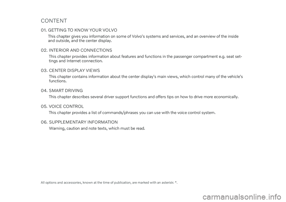 VOLVO CHV60 RECHARGE 2021  Quick Guide CONTENT
01. GETTING TO KNOW YOUR VOLVOThis chapter gives you information on some of Volvo's systems and services, and an overview of the inside and outside, and the center display.
02. INTERIOR AN