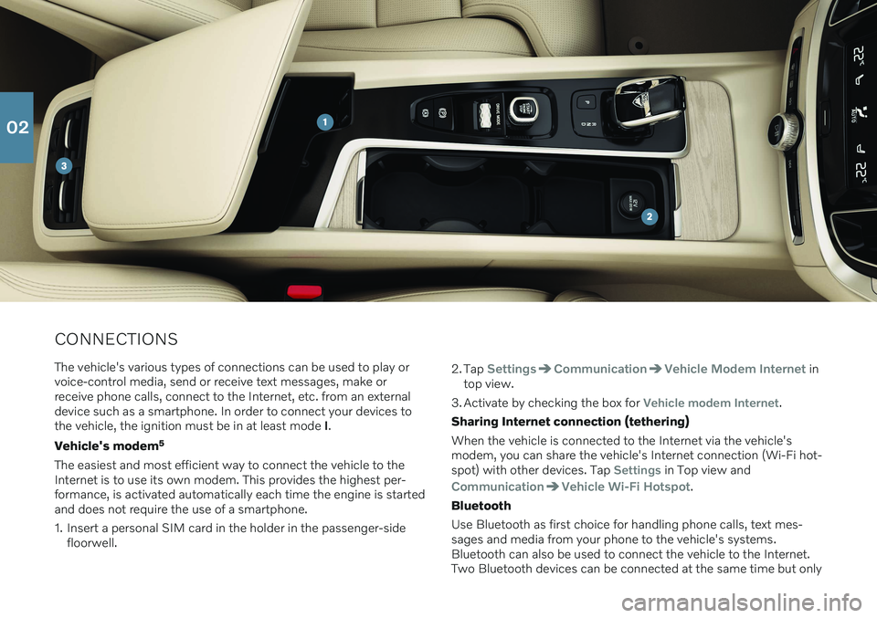 VOLVO S60 2020 Quick Guide CONNECTIONSThe vehicle's various types of connections can be used to play or voice-control media, send or receive text messages, make orreceive phone calls, connect to the Internet, etc. from an e VOLVO S60 2020 Quick Guide CONNECTIONSThe vehicle's various types of connections can be used to play or voice-control media, send or receive text messages, make orreceive phone calls, connect to the Internet, etc. from an e