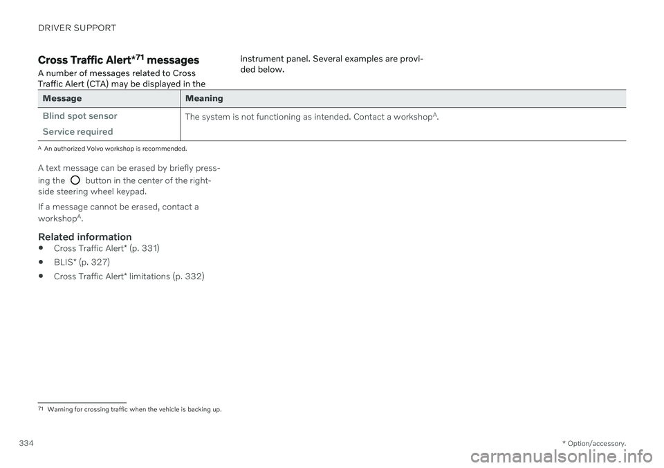 VOLVO S90 2020 Quick Guide DRIVER SUPPORT
* Option/accessory.
334
Cross Traffic Alert *71
messages
A number of messages related to Cross Traffic Alert (CTA) may be displayed in the instrument panel. Several examples are provi- VOLVO S90 2020 Quick Guide DRIVER SUPPORT
* Option/accessory.
334
Cross Traffic Alert *71
messages
A number of messages related to Cross Traffic Alert (CTA) may be displayed in the instrument panel. Several examples are provi-