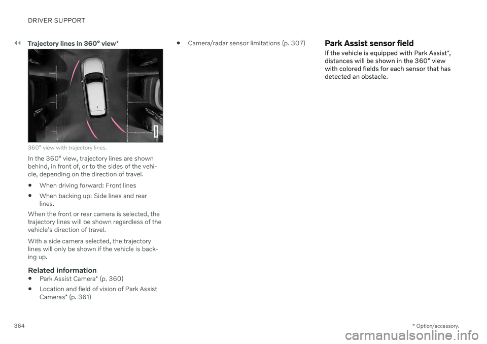 VOLVO S90 2020  Quick Guide ||
DRIVER SUPPORT
* Option/accessory.
364
Trajectory lines in 360° view *
360° view with trajectory lines.
In the 360° view, trajectory lines are shown behind, in front of, or to the sides of the v