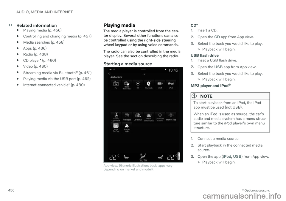 VOLVO S90 2020 Quick Guide ||
AUDIO, MEDIA AND INTERNET
* Option/accessory.
456
Related information
Playing media (p. 456)
Controlling and changing media (p. 457)
Media searches (p. 458)
Apps (p. 436)
Radio (p. 438)
CD pl VOLVO S90 2020 Quick Guide ||
AUDIO, MEDIA AND INTERNET
* Option/accessory.
456
Related information
Playing media (p. 456)
Controlling and changing media (p. 457)
Media searches (p. 458)
Apps (p. 436)
Radio (p. 438)
CD pl