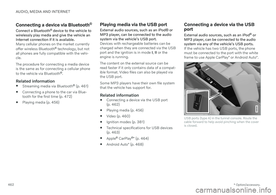 VOLVO S90 2020 Quick Guide AUDIO, MEDIA AND INTERNET
* Option/accessory.
462
Connecting a device via Bluetooth ®
Connect a Bluetooth ®
device to the vehicle to
wirelessly play media and give the vehicle an Internet connectio VOLVO S90 2020 Quick Guide AUDIO, MEDIA AND INTERNET
* Option/accessory.
462
Connecting a device via Bluetooth ®
Connect a Bluetooth ®
device to the vehicle to
wirelessly play media and give the vehicle an Internet connectio