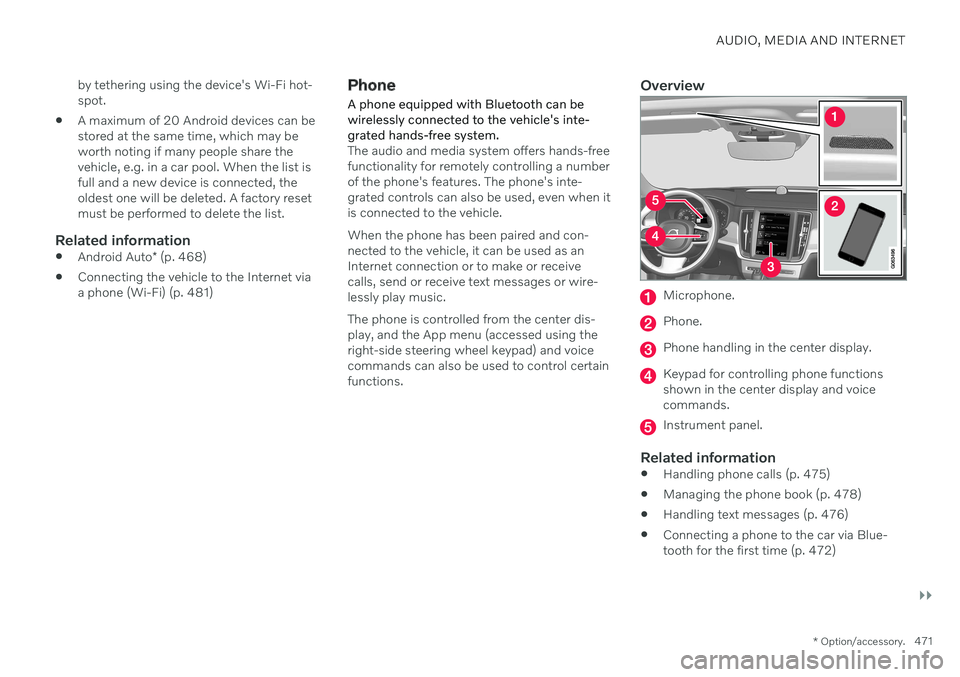 VOLVO S90 2020  Quick Guide AUDIO, MEDIA AND INTERNET
}}
* Option/accessory.471
by tethering using the device's Wi-Fi hot- spot.
 A maximum of 20 Android devices can bestored at the same time, which may beworth noting if man