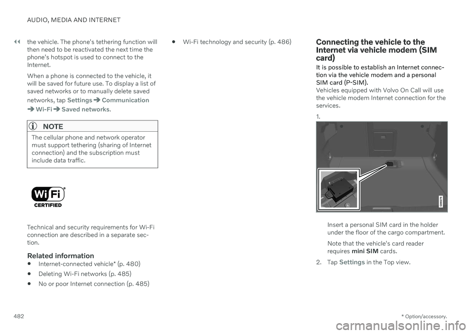VOLVO S90 2020 Quick Guide ||
AUDIO, MEDIA AND INTERNET
* Option/accessory.
482 the vehicle. The phone's tethering function will then need to be reactivated the next time thephone's hotspot is used to connect to theInte VOLVO S90 2020 Quick Guide ||
AUDIO, MEDIA AND INTERNET
* Option/accessory.
482 the vehicle. The phone's tethering function will then need to be reactivated the next time thephone's hotspot is used to connect to theInte