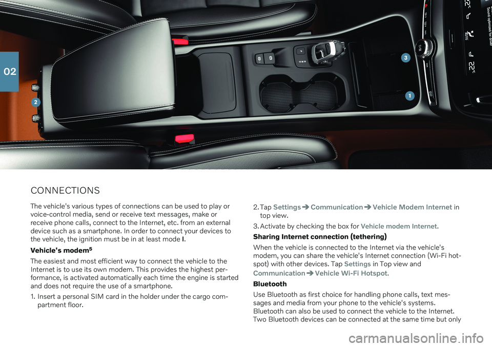 VOLVO XC40 2020 Quick Guide CONNECTIONSThe vehicle's various types of connections can be used to play or voice-control media, send or receive text messages, make orreceive phone calls, connect to the Internet, etc. from an e VOLVO XC40 2020 Quick Guide CONNECTIONSThe vehicle's various types of connections can be used to play or voice-control media, send or receive text messages, make orreceive phone calls, connect to the Internet, etc. from an e