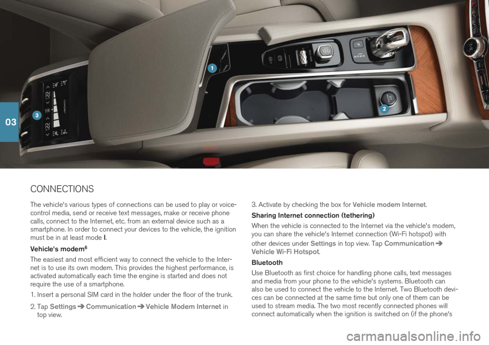 VOLVO S90 T8 2019 Quick Guide CONNECTIONS The vehicle's various types of connections can be used to play or voice- control media, send or receive text messages, make or receive phonecalls, connect to the Internet, etc. from an VOLVO S90 T8 2019 Quick Guide CONNECTIONS The vehicle's various types of connections can be used to play or voice- control media, send or receive text messages, make or receive phonecalls, connect to the Internet, etc. from an