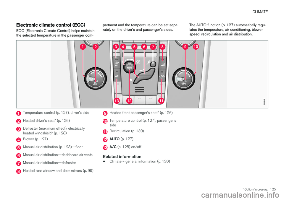 VOLVO S60 2018  Owner´s Manual CLIMATE
* Option/accessory.125
Electronic climate control (ECC)
ECC (Electronic Climate Control) helps maintain the selected temperature in the passenger com- partment and the temperature can be set s