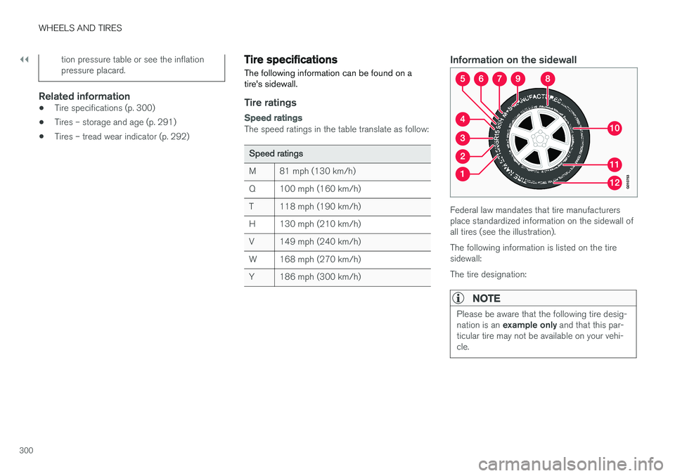 VOLVO S60 2018 Owner´s Manual ||
WHEELS AND TIRES
300
tion pressure table or see the inflation pressure placard.
Related information
•Tire specifications (p. 300)
• Tires – storage and age (p. 291)
• Tires – tread wear i VOLVO S60 2018 Owner´s Manual ||
WHEELS AND TIRES
300
tion pressure table or see the inflation pressure placard.
Related information
•Tire specifications (p. 300)
• Tires – storage and age (p. 291)
• Tires – tread wear i