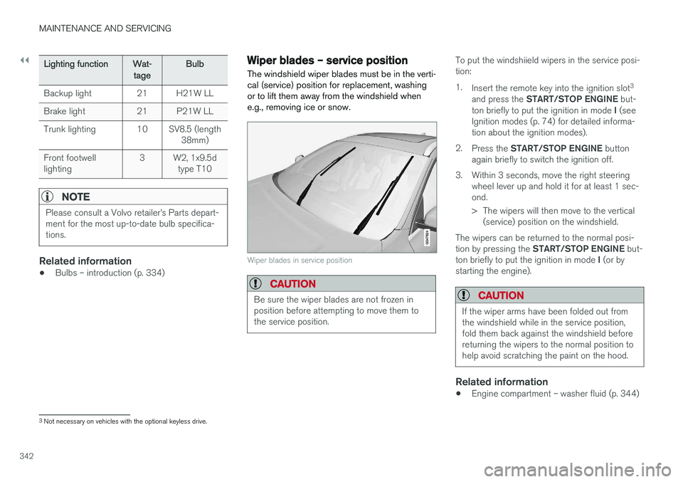 VOLVO S60 2018  Owner´s Manual ||
MAINTENANCE AND SERVICING
342
Lighting functionWat-
tage Bulb
Backup light 21 H21W LL 
Brake light 21 P21W LL
Trunk lighting 10 SV8.5 (length 38mm)
Front footwell lighting 3 W2, 1x9.5d
type T10
NOT