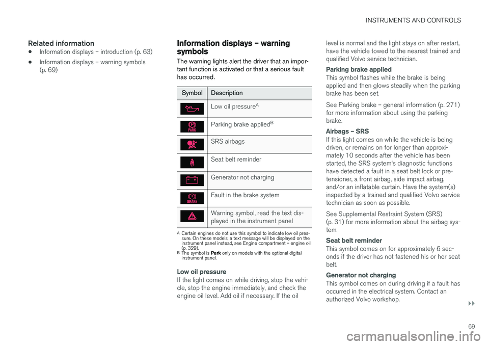 VOLVO S60 2018 Owner´s Manual INSTRUMENTS AND CONTROLS
}}
69
Related information
•Information displays – introduction (p. 63)
• Information displays – warning symbols (p. 69)
Information displays – warning symbols
The wa VOLVO S60 2018 Owner´s Manual INSTRUMENTS AND CONTROLS
}}
69
Related information
•Information displays – introduction (p. 63)
• Information displays – warning symbols (p. 69)
Information displays – warning symbols
The wa