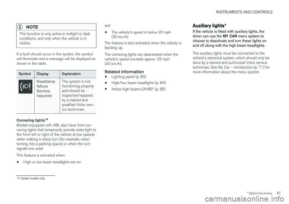VOLVO S60 2018  Owner´s Manual INSTRUMENTS AND CONTROLS
* Option/accessory.87
NOTE
This function is only active in twilight or dark conditions, and only when the vehicle is inmotion.
If a fault should occur in the system, the symbo VOLVO S60 2018  Owner´s Manual INSTRUMENTS AND CONTROLS
* Option/accessory.87
NOTE
This function is only active in twilight or dark conditions, and only when the vehicle is inmotion.
If a fault should occur in the system, the symbo