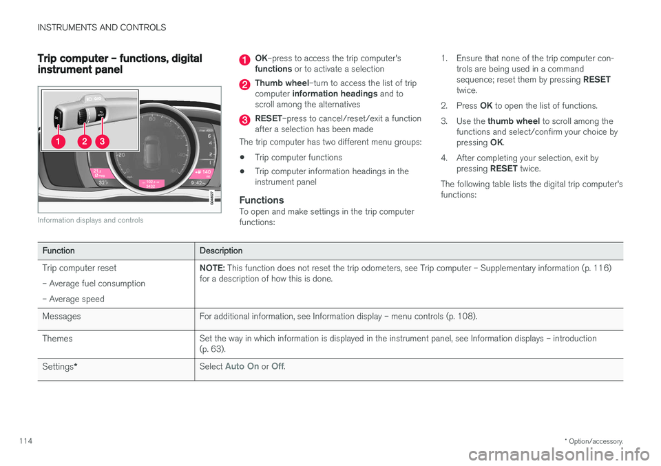 VOLVO S60 CROSS COUNTRY 2018 Owner´s Manual INSTRUMENTS AND CONTROLS
* Option/accessory.
114
Trip computer – functions, digital instrument panel
Information displays and controls
OK –press to access the trip computer's
functions or to VOLVO S60 CROSS COUNTRY 2018 Owner´s Manual INSTRUMENTS AND CONTROLS
* Option/accessory.
114
Trip computer – functions, digital instrument panel
Information displays and controls
OK –press to access the trip computer's
functions or to