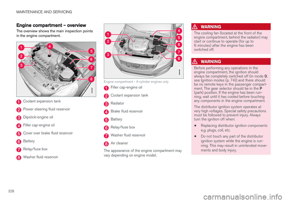 VOLVO S60 CROSS COUNTRY 2018 Owner´s Manual MAINTENANCE AND SERVICING
328
Engine compartment – overviewThe overview shows the main inspection points in the engine compartment.
Coolant expansion tank
Power steering fluid reservoir
Dipstick-eng VOLVO S60 CROSS COUNTRY 2018 Owner´s Manual MAINTENANCE AND SERVICING
328
Engine compartment – overviewThe overview shows the main inspection points in the engine compartment.
Coolant expansion tank
Power steering fluid reservoir
Dipstick-eng
