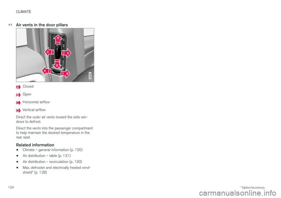 VOLVO S60 INSCRIPTION 2018 Owner´s Manual ||
CLIMATE
* Option/accessory.
124
Air vents in the door pillars
Closed
Open
Horizontal airflow
Vertical airflow
Direct the outer air vents toward the side win- dows to defrost. Direct the vents into VOLVO S60 INSCRIPTION 2018 Owner´s Manual ||
CLIMATE
* Option/accessory.
124
Air vents in the door pillars
Closed
Open
Horizontal airflow
Vertical airflow
Direct the outer air vents toward the side win- dows to defrost. Direct the vents into