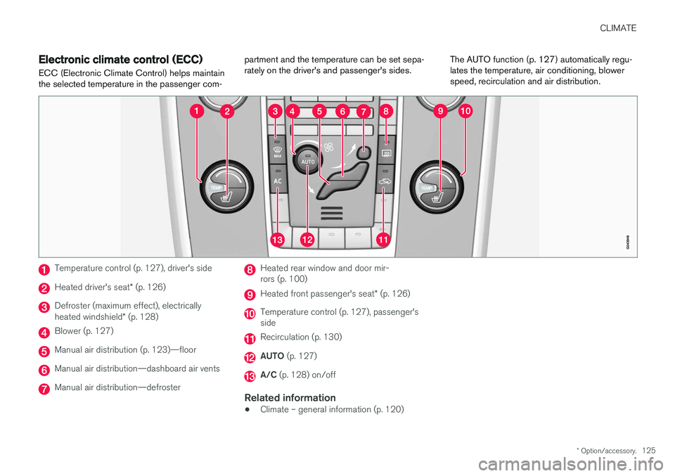 VOLVO S60 INSCRIPTION 2018 Owner´s Manual CLIMATE
* Option/accessory.125
Electronic climate control (ECC)
ECC (Electronic Climate Control) helps maintain the selected temperature in the passenger com- partment and the temperature can be set s VOLVO S60 INSCRIPTION 2018 Owner´s Manual CLIMATE
* Option/accessory.125
Electronic climate control (ECC)
ECC (Electronic Climate Control) helps maintain the selected temperature in the passenger com- partment and the temperature can be set s