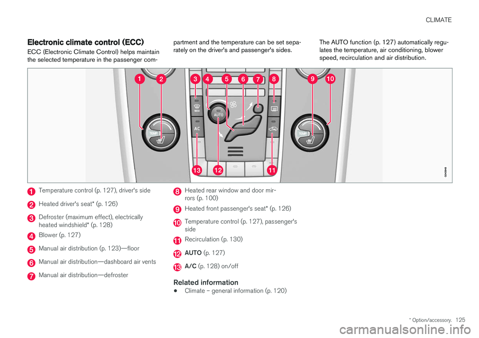VOLVO S60 INSCRIPTION 2018  Owner´s Manual CLIMATE
* Option/accessory.125
Electronic climate control (ECC)
ECC (Electronic Climate Control) helps maintain the selected temperature in the passenger com- partment and the temperature can be set s
