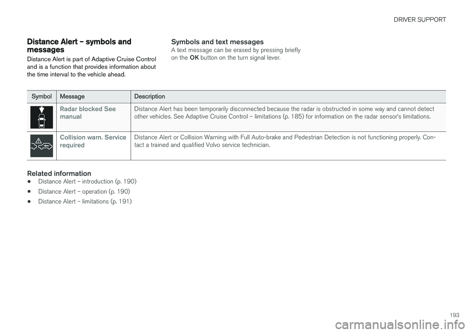 VOLVO S60 INSCRIPTION 2018 Owner´s Manual DRIVER SUPPORT
193
Distance Alert – symbols and messagesDistance Alert is part of Adaptive Cruise Control and is a function that provides information aboutthe time interval to the vehicle ahead.Symb VOLVO S60 INSCRIPTION 2018 Owner´s Manual DRIVER SUPPORT
193
Distance Alert – symbols and messagesDistance Alert is part of Adaptive Cruise Control and is a function that provides information aboutthe time interval to the vehicle ahead.Symb