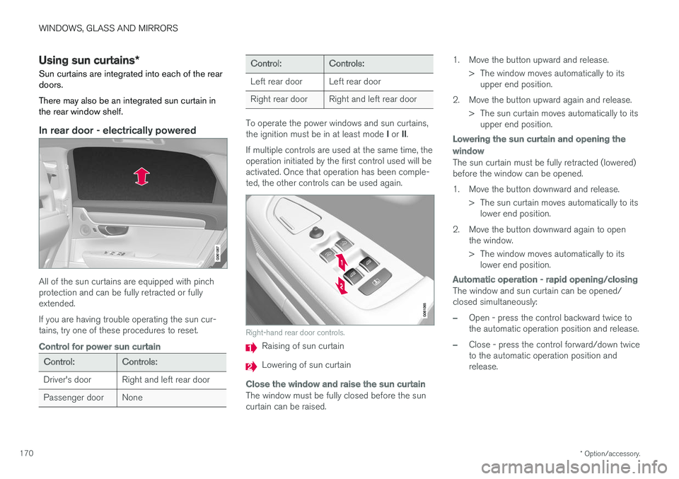 VOLVO S90 2018  Owner´s Manual WINDOWS, GLASS AND MIRRORS
* Option/accessory.
170
Using sun curtains *
Sun curtains are integrated into each of the rear doors. There may also be an integrated sun curtain in the rear window shelf.
I