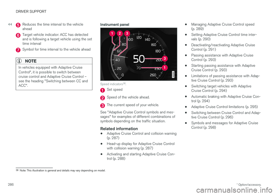 VOLVO S90 2018 Owner´s Manual ||
DRIVER SUPPORT
* Option/accessory.
286
Reduces the time interval to the vehicle ahead
Target vehicle indicator: ACC has detected and is following a target vehicle using the settime interval
Symbol VOLVO S90 2018 Owner´s Manual ||
DRIVER SUPPORT
* Option/accessory.
286
Reduces the time interval to the vehicle ahead
Target vehicle indicator: ACC has detected and is following a target vehicle using the settime interval
Symbol