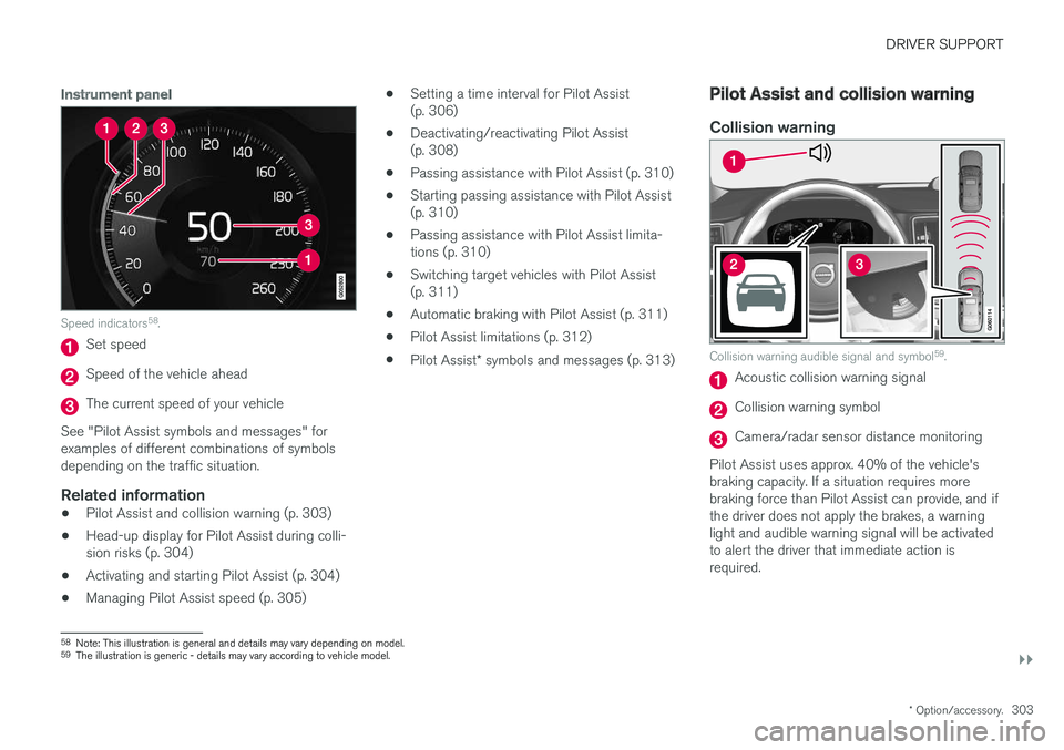 VOLVO S90 2018  Owner´s Manual DRIVER SUPPORT
}}
* Option/accessory.303
Instrument panel
Speed indicators58
.
Set speed
Speed of the vehicle ahead
The current speed of your vehicle
See "Pilot Assist symbols and messages" fo
