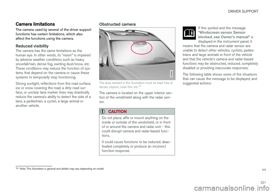 VOLVO S90 2018  Owner´s Manual DRIVER SUPPORT
}}
321
Camera limitations
The camera used by several of the driver support functions has certain limitations, which alsoaffect the functions using the camera.
Reduced visibilityThe came