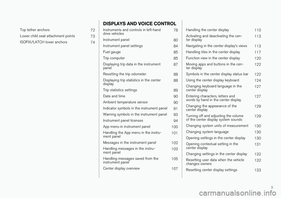 VOLVO S90 2018  Owner´s Manual 3
 
Top tether anchors72
Lower child seat attachment points 73
ISOFIX/LATCH lower anchors 74
DISPLAYS AND VOICE CONTROL
Instruments and controls in left-hand drive vehicles78
Instrument panel 80
Instr