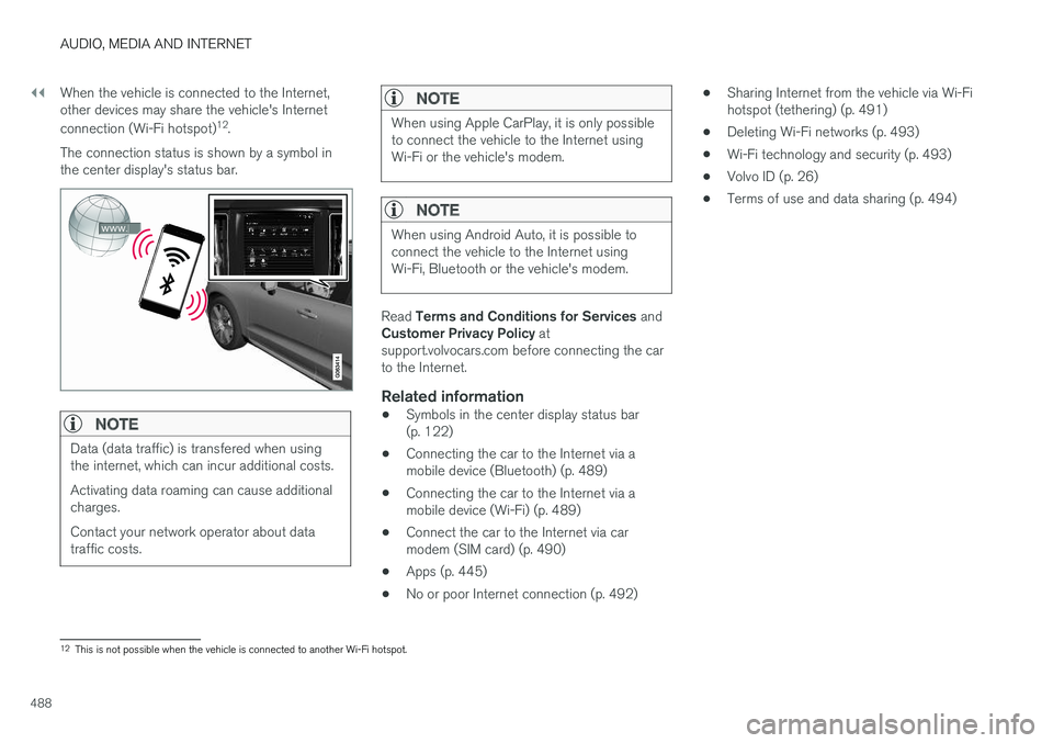 VOLVO S90 2018 Owner´s Manual ||
AUDIO, MEDIA AND INTERNET
488When the vehicle is connected to the Internet, other devices may share the vehicle's Internet connection (Wi-Fi hotspot)
12
.
The connection status is shown by a sy VOLVO S90 2018 Owner´s Manual ||
AUDIO, MEDIA AND INTERNET
488When the vehicle is connected to the Internet, other devices may share the vehicle's Internet connection (Wi-Fi hotspot)
12
.
The connection status is shown by a sy