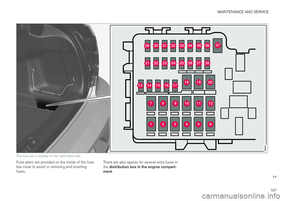 VOLVO S90 2018 Owner´s Manual MAINTENANCE AND SERVICE
}}
587
The fuse box is located on the right-hand side.
Fuse pliers are provided on the inside of the fuse box cover to assist in removing and insertingfuses.There are also spac VOLVO S90 2018 Owner´s Manual MAINTENANCE AND SERVICE
}}
587
The fuse box is located on the right-hand side.
Fuse pliers are provided on the inside of the fuse box cover to assist in removing and insertingfuses.There are also spac