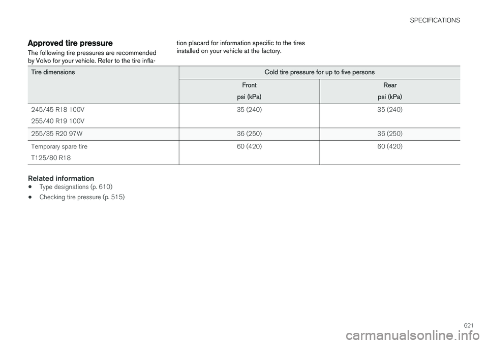 VOLVO S90 2018 Owner´s Manual SPECIFICATIONS
621
Approved tire pressureThe following tire pressures are recommended by Volvo for your vehicle. Refer to the tire infla- tion placard for information specific to the tiresinstalled on VOLVO S90 2018 Owner´s Manual SPECIFICATIONS
621
Approved tire pressureThe following tire pressures are recommended by Volvo for your vehicle. Refer to the tire infla- tion placard for information specific to the tiresinstalled on