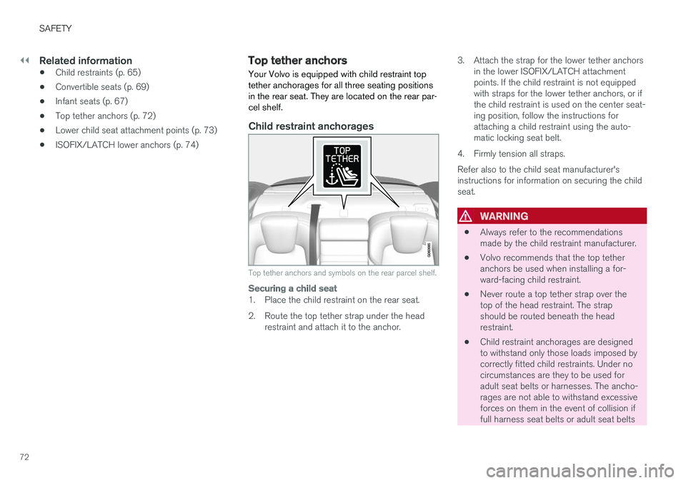 VOLVO S90 2018 Owner´s Manual ||
SAFETY
72
Related information
•Child restraints (p. 65)
• Convertible seats (p. 69)
• Infant seats (p. 67)
• Top tether anchors (p. 72)
• Lower child seat attachment points (p. 73)
• IS VOLVO S90 2018 Owner´s Manual ||
SAFETY
72
Related information
•Child restraints (p. 65)
• Convertible seats (p. 69)
• Infant seats (p. 67)
• Top tether anchors (p. 72)
• Lower child seat attachment points (p. 73)
• IS