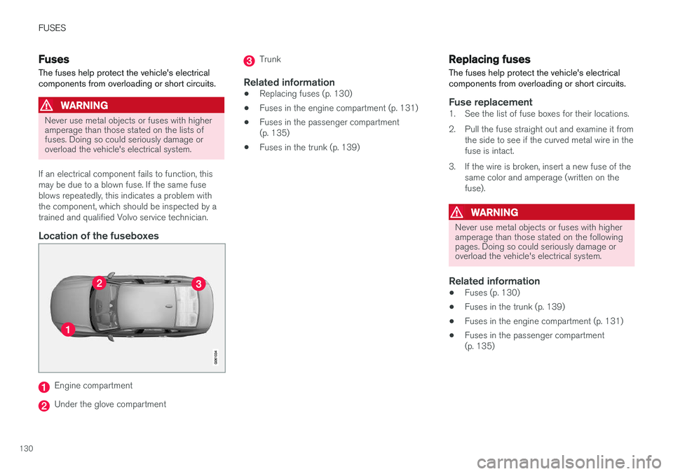 VOLVO S90 T8 2018  Owner´s Manual FUSES
130
Fuses The fuses help protect the vehicle's electrical components from overloading or short circuits.
WARNING
Never use metal objects or fuses with higher amperage than those stated on th