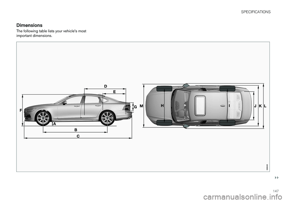 VOLVO S90 T8 2018  Owner´s Manual SPECIFICATIONS
}}
147
DimensionsThe following table lists your vehicle's most important dimensions.   