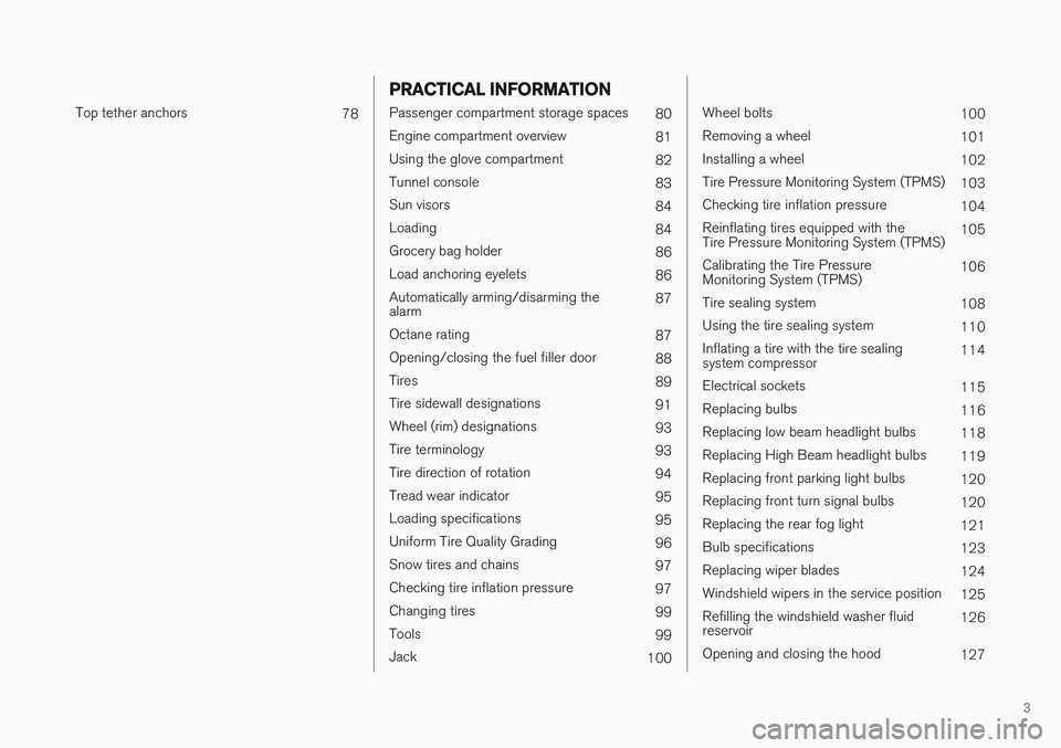 VOLVO S90 T8 2018  Owner´s Manual 3
 
Top tether anchors78
PRACTICAL INFORMATION
Passenger compartment storage spaces80
Engine compartment overview 81
Using the glove compartment 82
Tunnel console 83
Sun visors 84
Loading 84
Grocery b