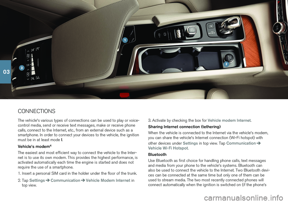 VOLVO S90 T8 2018 Quick Guide CONNECTIONS The vehicle's various types of connections can be used to play or voice- control media, send or receive text messages, make or receive phonecalls, connect to the Internet, etc., from a VOLVO S90 T8 2018 Quick Guide CONNECTIONS The vehicle's various types of connections can be used to play or voice- control media, send or receive text messages, make or receive phonecalls, connect to the Internet, etc., from a