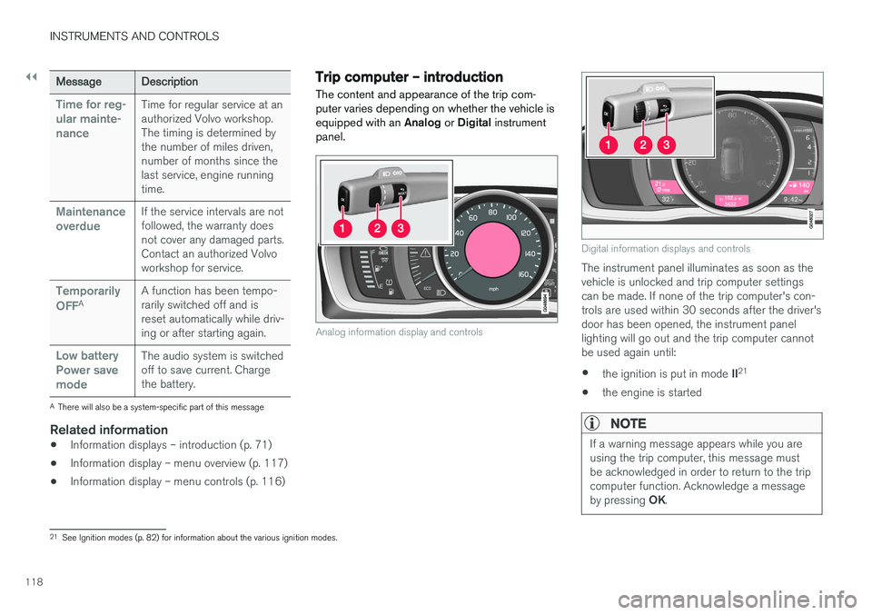 VOLVO V60 2018  Owner´s Manual ||
INSTRUMENTS AND CONTROLS
118
MessageDescription
Time for reg- ular mainte-nanceTime for regular service at an authorized Volvo workshop.The timing is determined bythe number of miles driven,number 
