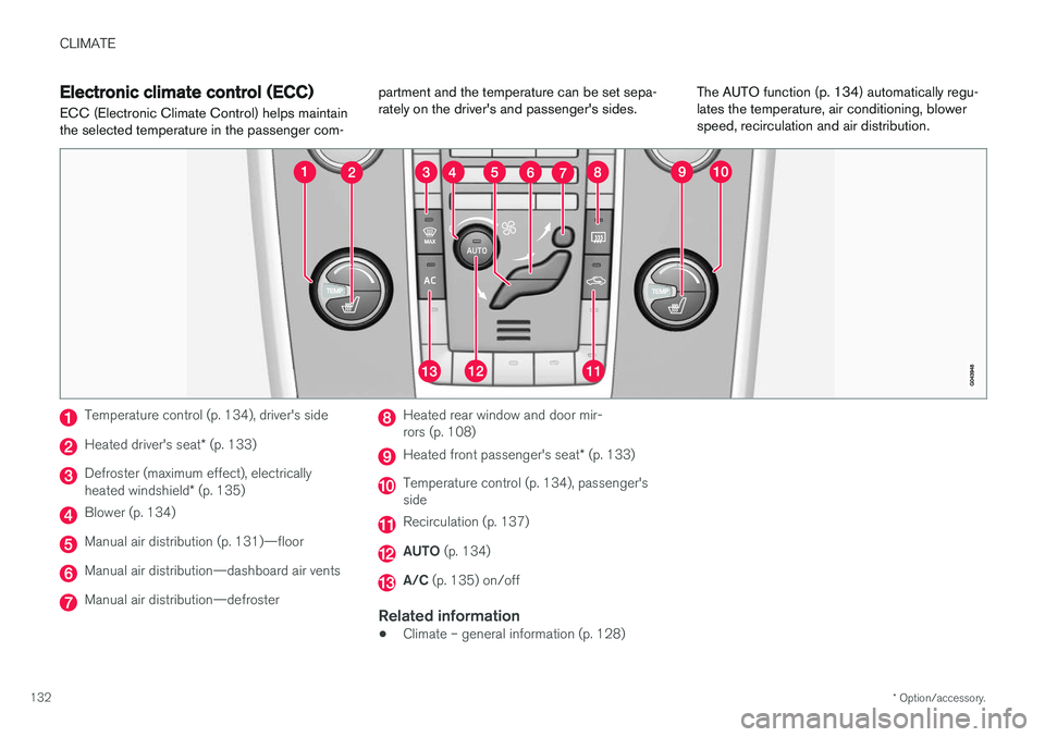 VOLVO V60 2018  Owner´s Manual CLIMATE
* Option/accessory.
132
Electronic climate control (ECC)
ECC (Electronic Climate Control) helps maintain the selected temperature in the passenger com- partment and the temperature can be set 