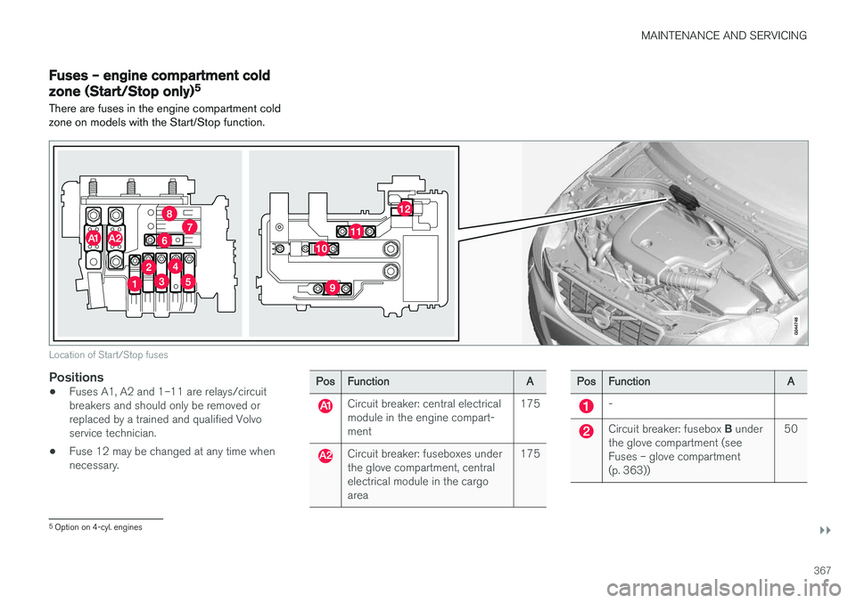 VOLVO V60 2018  Owner´s Manual MAINTENANCE AND SERVICING
}}
367
Fuses – engine compartment cold zone (Start/Stop only)5
There are fuses in the engine compartment cold zone on models with the Start/Stop function.
Location of Start