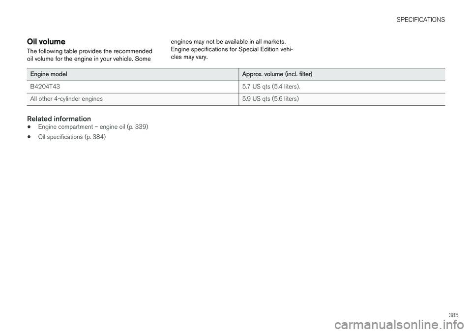 VOLVO V60 2018  Owner´s Manual SPECIFICATIONS
385
Oil volume
The following table provides the recommended oil volume for the engine in your vehicle. Some engines may not be available in all markets.Engine specifications for Special
