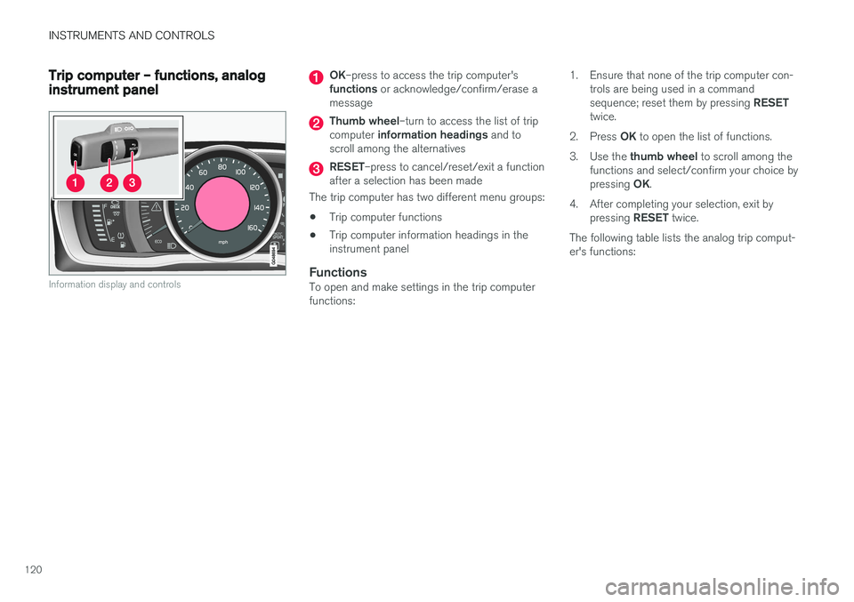 VOLVO V60 CROSS COUNTRY 2018  Owner´s Manual INSTRUMENTS AND CONTROLS
120
Trip computer – functions, analog instrument panel
Information display and controls
OK–press to access the trip computer's
functions  or acknowledge/confirm/erase 