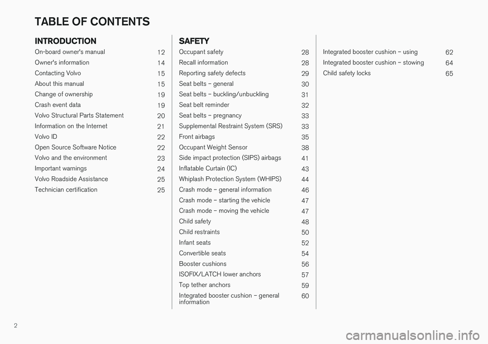 VOLVO V60 CROSS COUNTRY 2018  Owner´s Manual 2
INTRODUCTION
On-board owner's manual12
Owner's information 14
Contacting Volvo 15
About this manual 15
Change of ownership 19
Crash event data 19
Volvo Structural Parts Statement 20
Informat